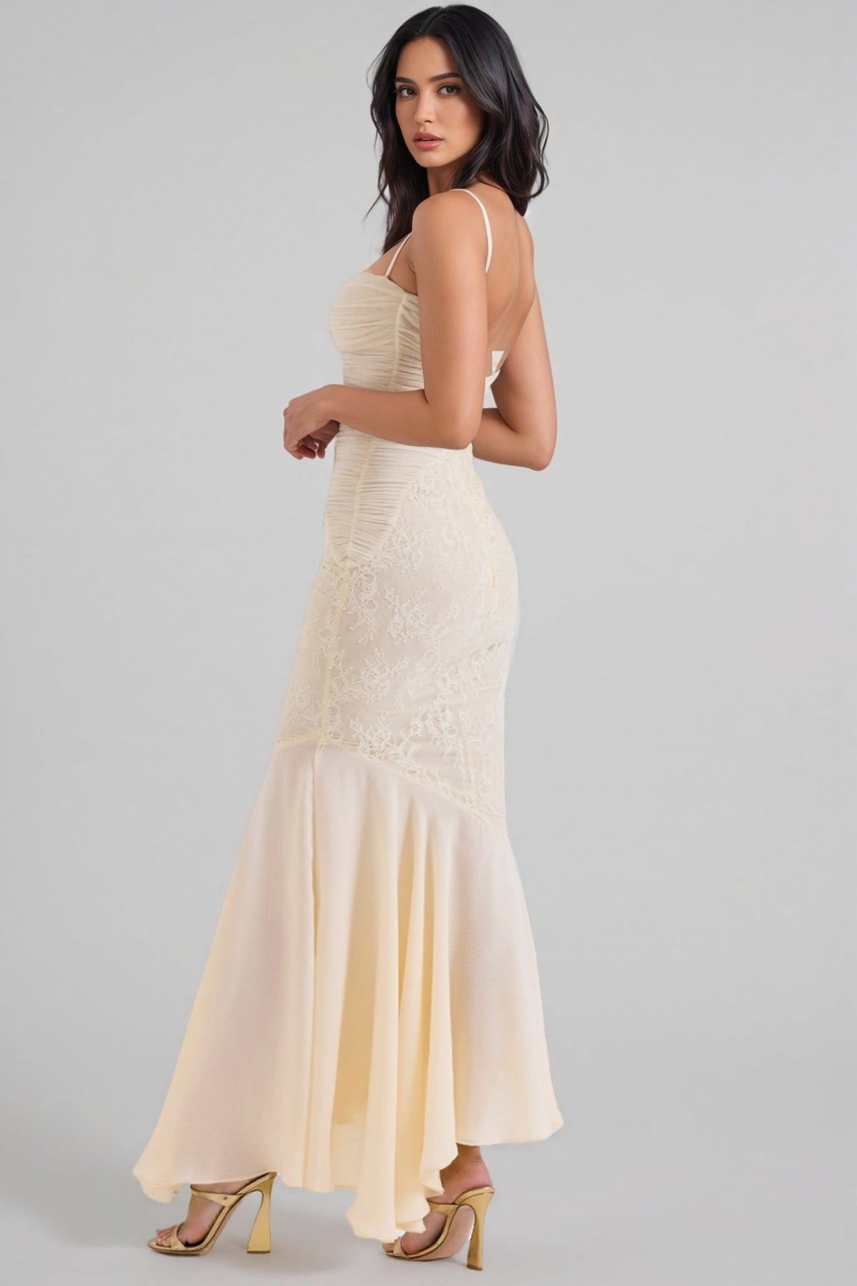 Lace Panel Ruched Bust Spaghetti Strap Asymmetric Hem Maxi Dress 5