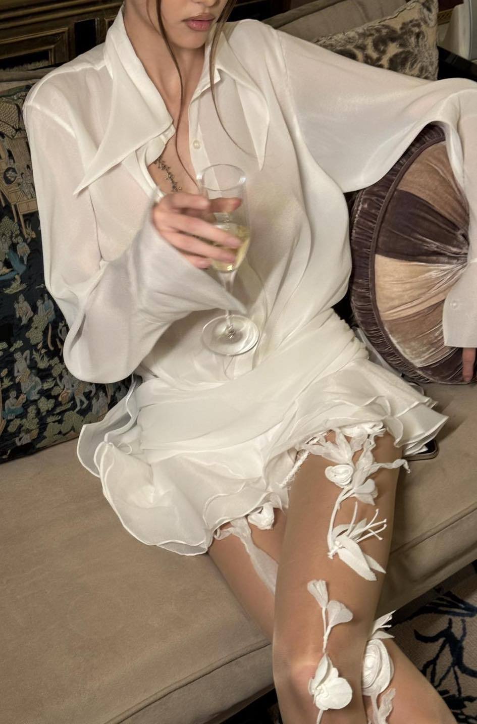 Sheer Chiffon Collared Long Sleeve Drop Waist Ruffle Mini Shirt Dress 2