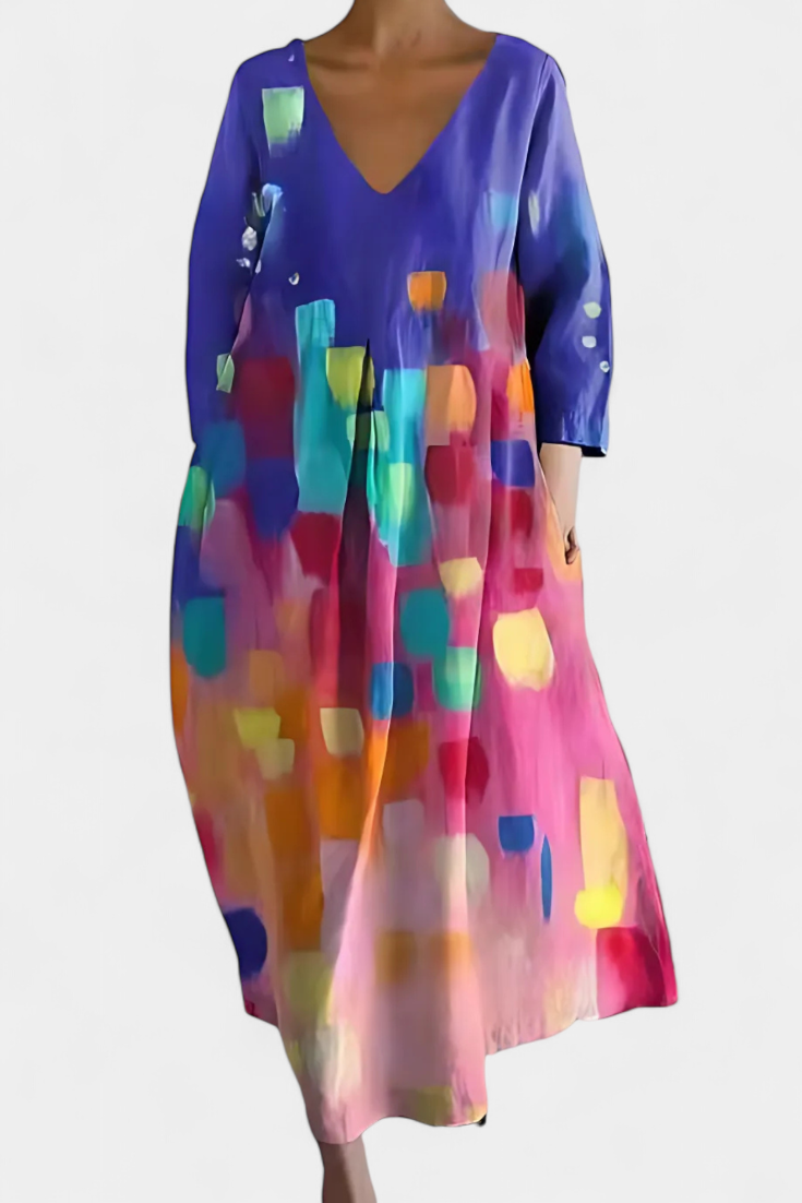 Abstract Print V-Neck Three Quarter Sleeve Oversized Maxi Dress