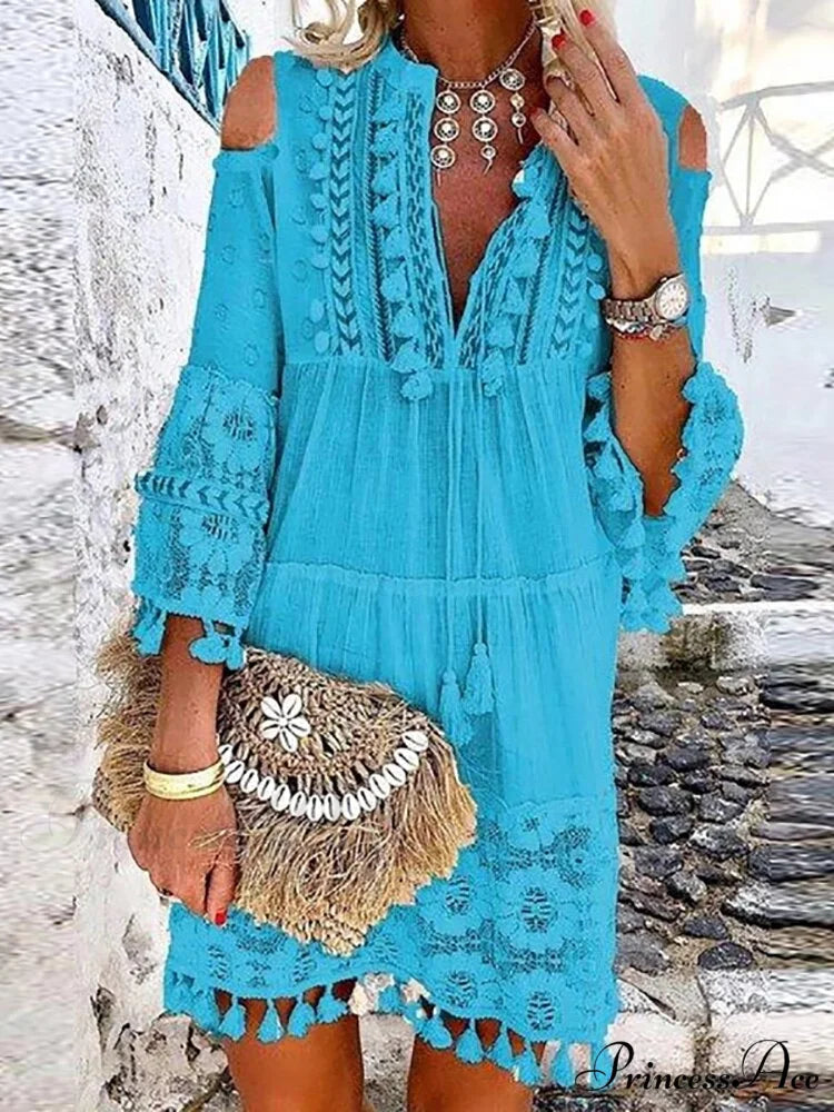 Deep V-Neck Tassel Trim Lace Insert Bell Sleeve Tiered Drawstring Dress
