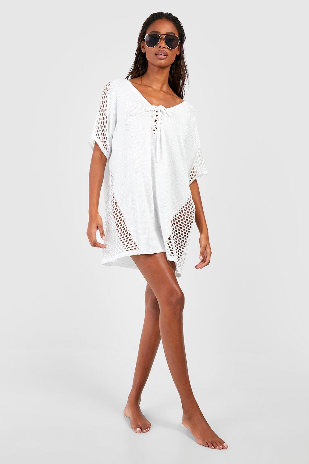 Knit Crochet Panel Short Sleeve Relaxed Mini Beach Dress