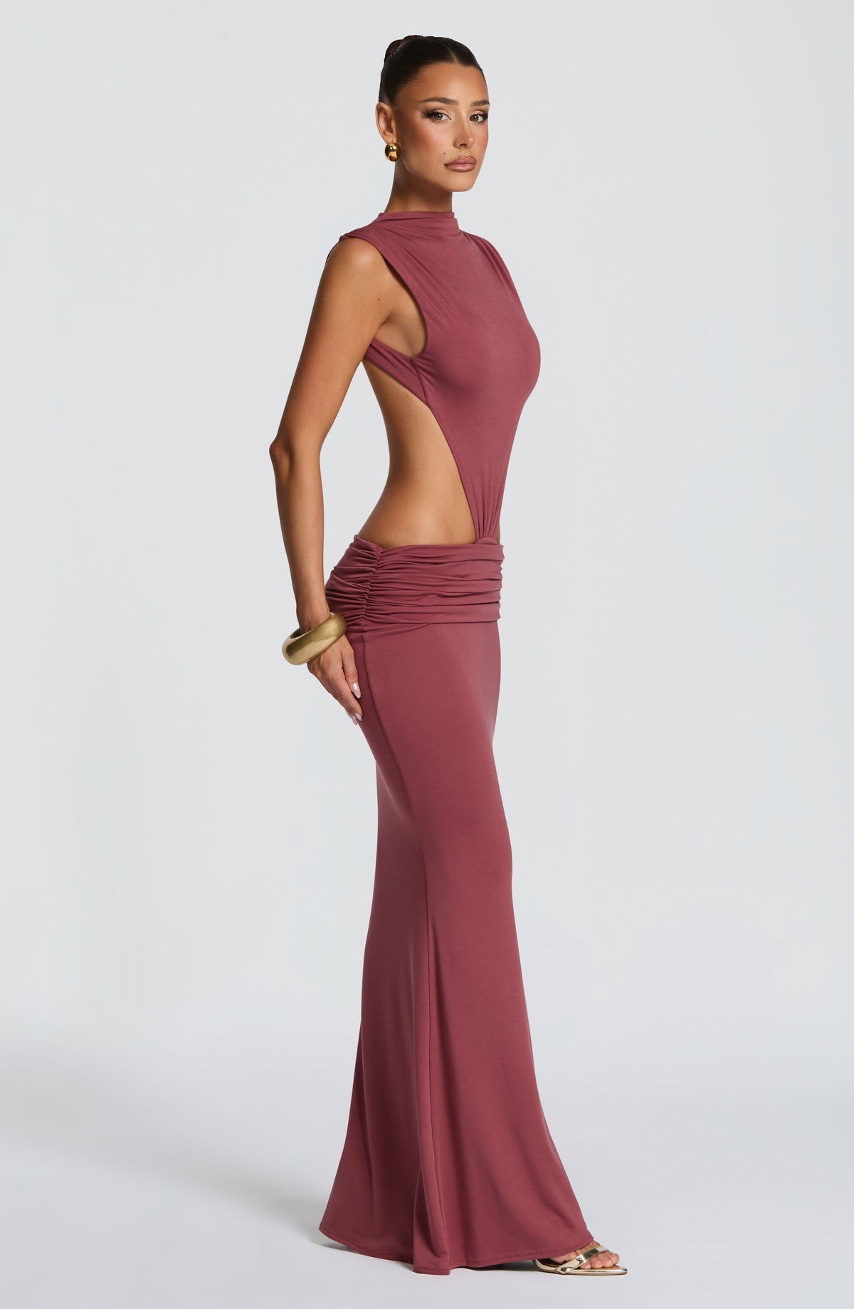 High Neck Sleeveless Bodysuit Cut Out Ruched Waist Mermaid Maxi Dress 3