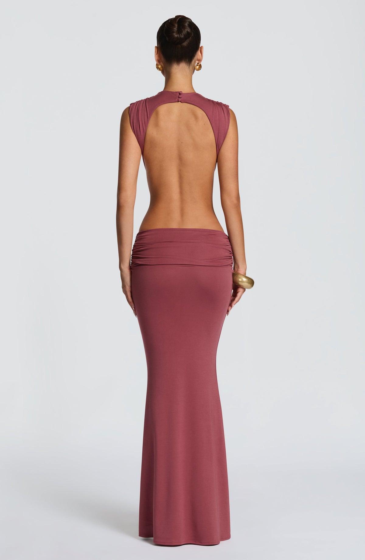 High Neck Sleeveless Bodysuit Cut Out Ruched Waist Mermaid Maxi Dress 2