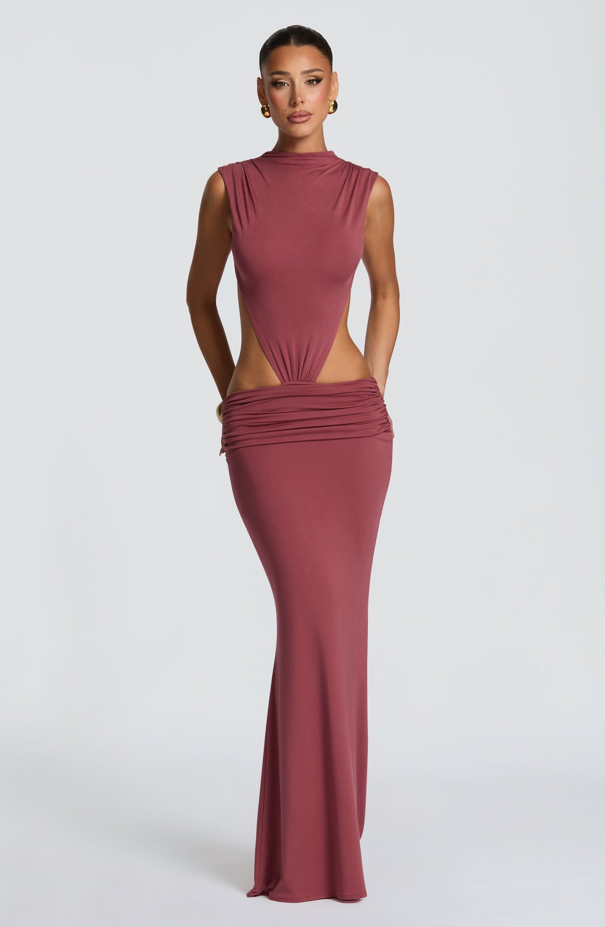 High Neck Sleeveless Bodysuit Cut Out Ruched Waist Mermaid Maxi Dress