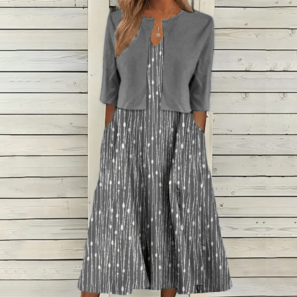 V-Neck A-Line Midi Dress Cropped Cardigan Two Piece Set