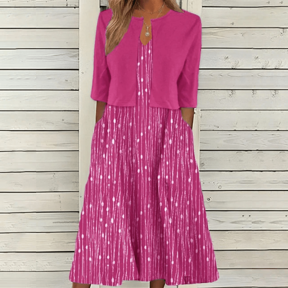 V-Neck A-Line Midi Dress Cropped Cardigan Two Piece Set