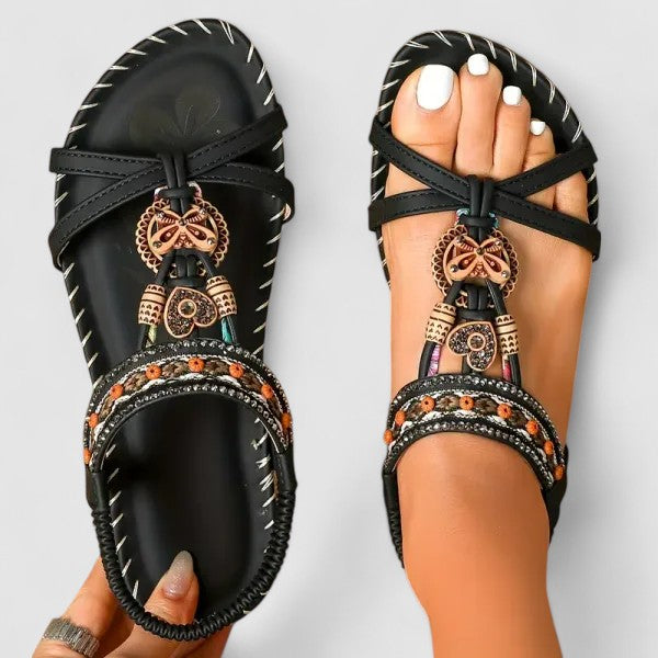 Beaded T-Strap Slingback Flat Sandals