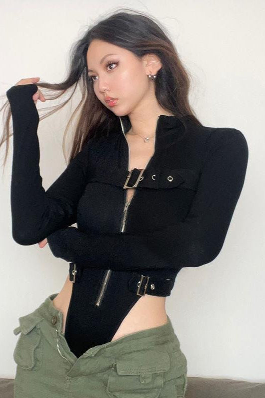 Techwear Metal Buckle Zipper High Waist Split Bodysuit