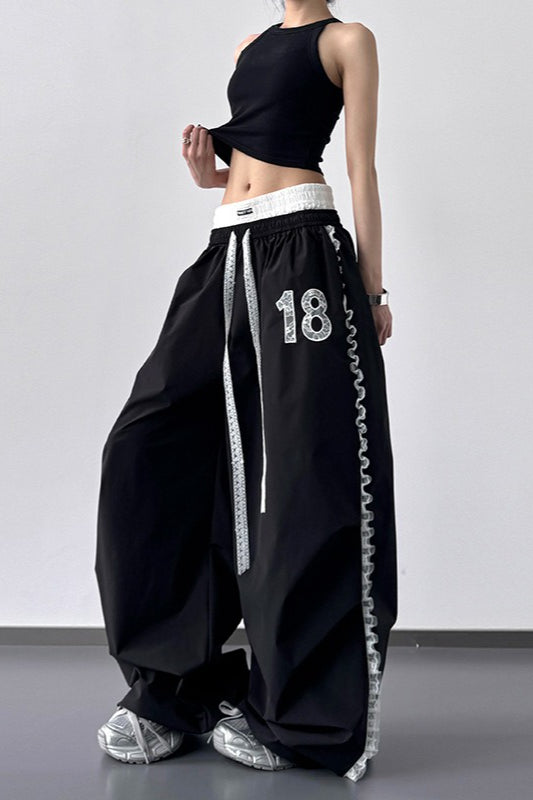 Double Waistband Lace Trim Number Patch Wide Leg Track Pants