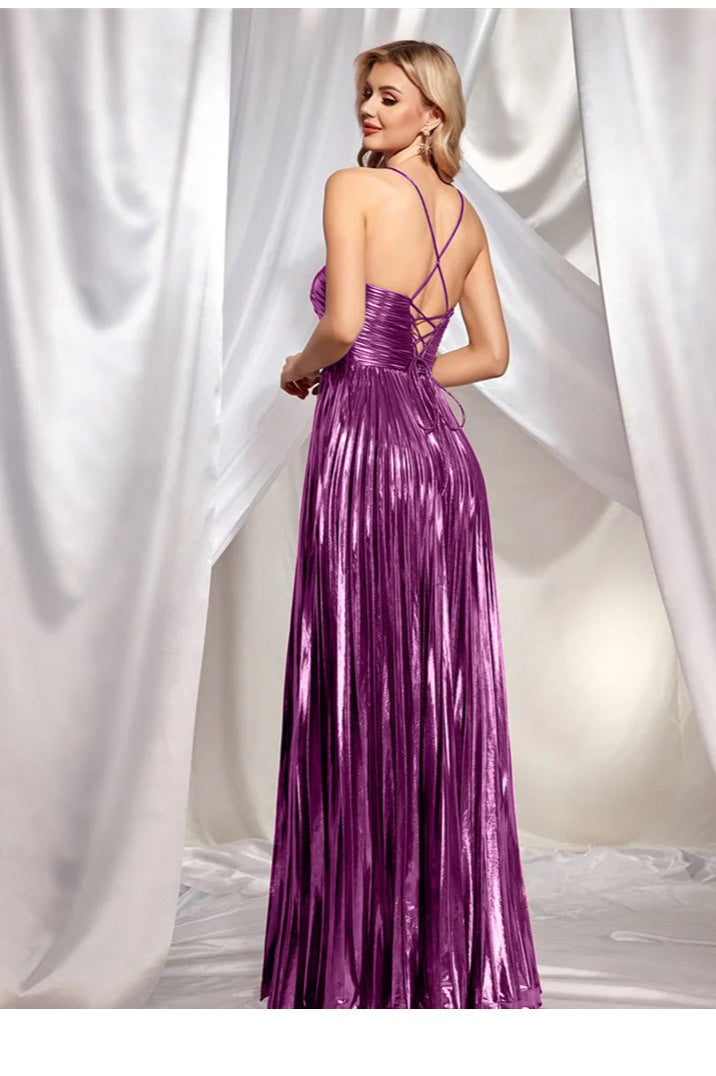 Pleated Cut Out High Split A-Line Maxi Gown