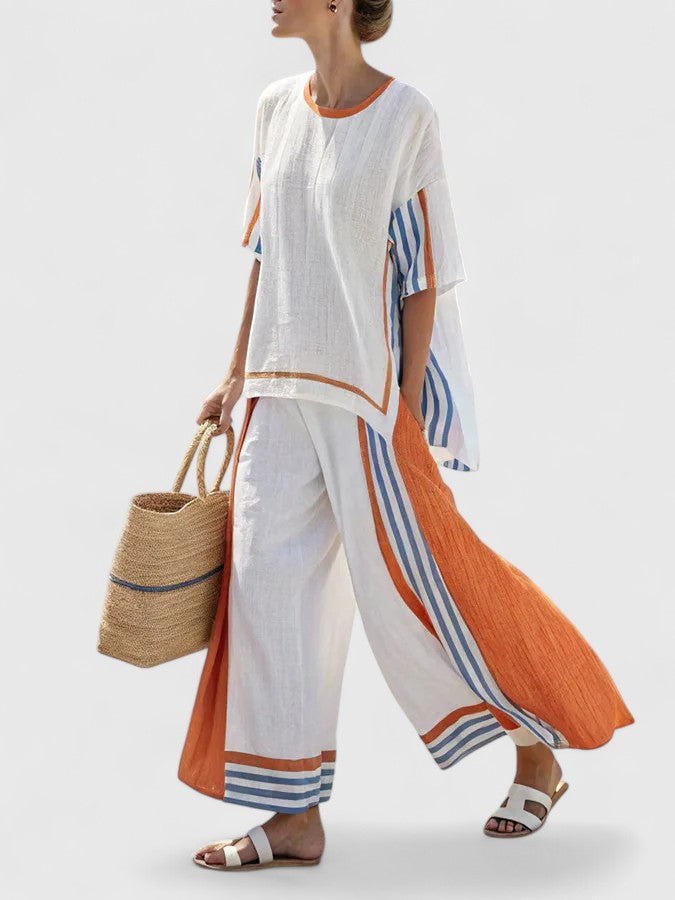 Striped Short Sleeve Top and Wide Leg Pants Two Piece Set