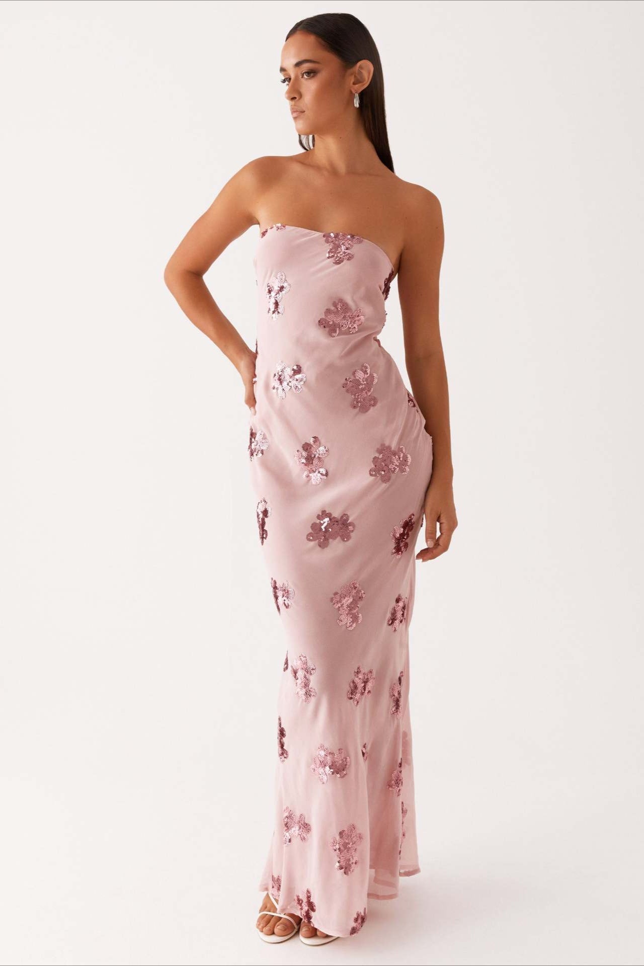Floral Sequin Strapless Slip Maxi Gown