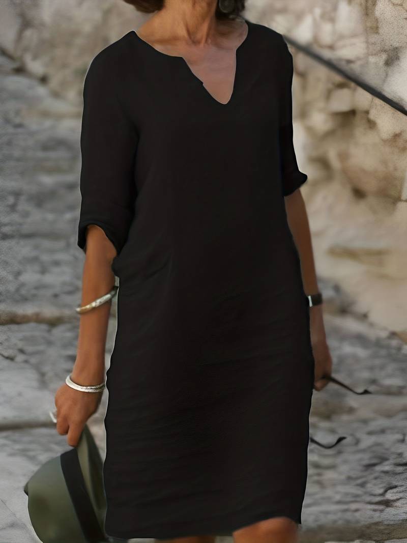 Notched V-Neck Short Sleeve Linen Look Shift Mini Dress