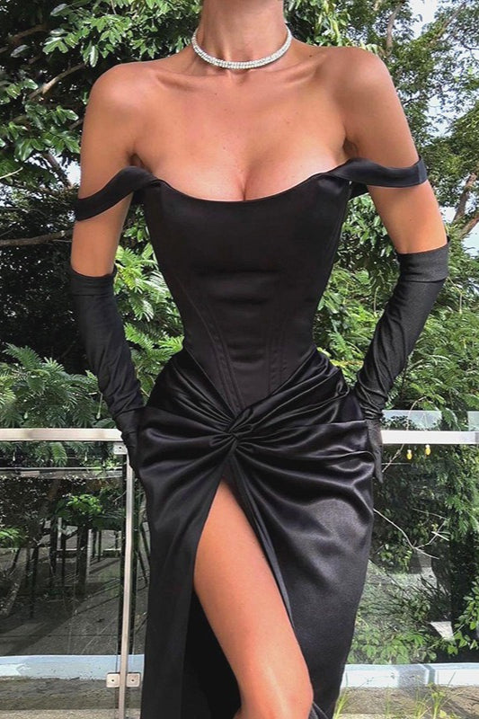 Satin Off Shoulder Corset Twist Front High Split Maxi Dress