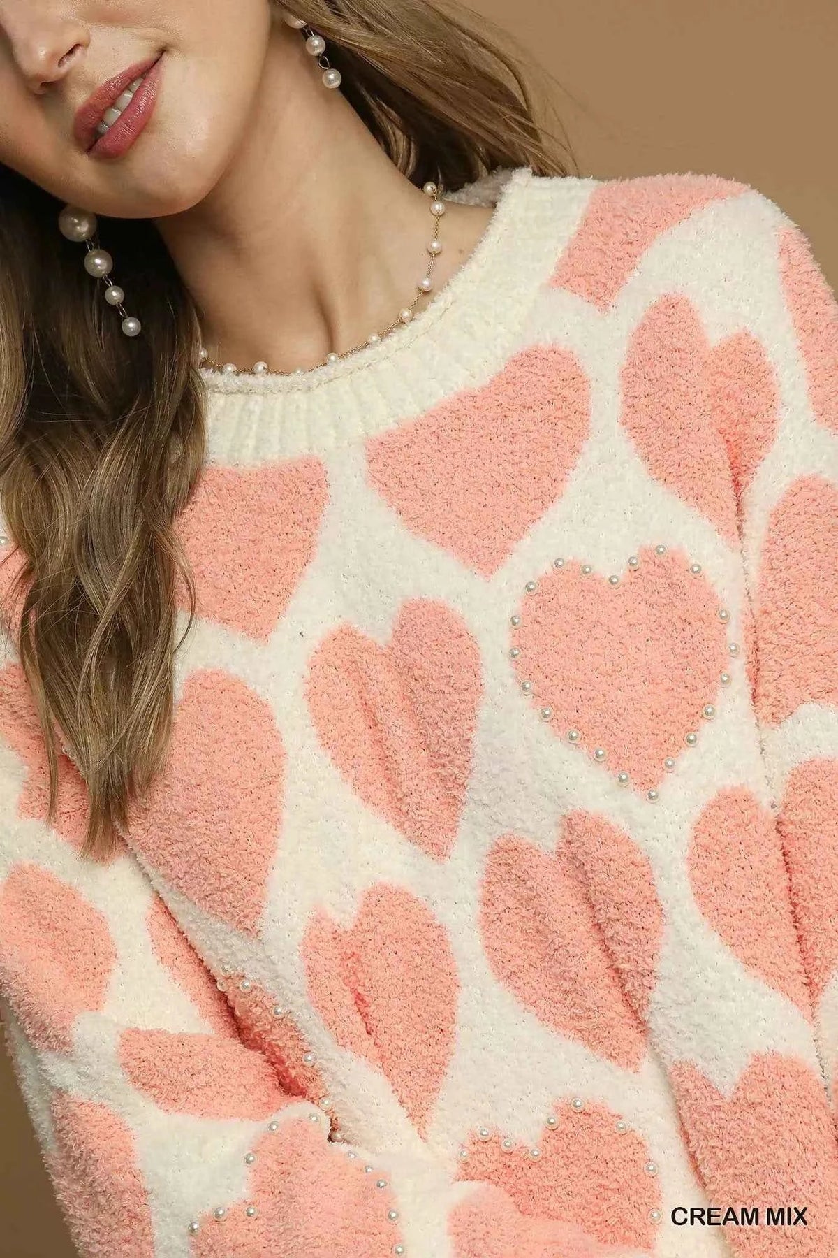 Heart Pattern Crew Neck Long Sleeve Fuzzy Knit Sweater 6