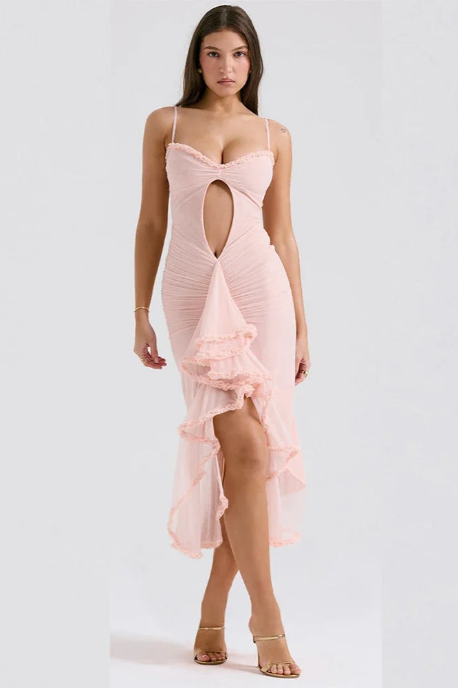 Mesh Spaghetti Strap Ruffle Cut Out High Low Maxi Dress