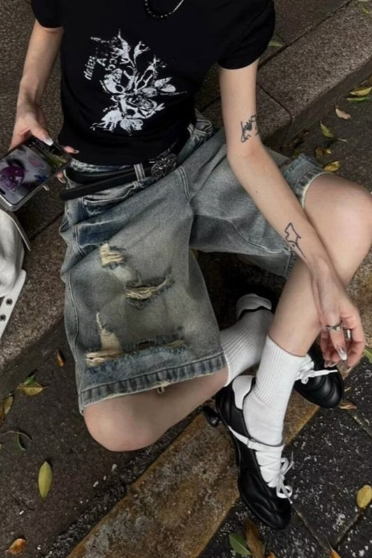 Relaxed Fit Raw Hem Denim Shorts