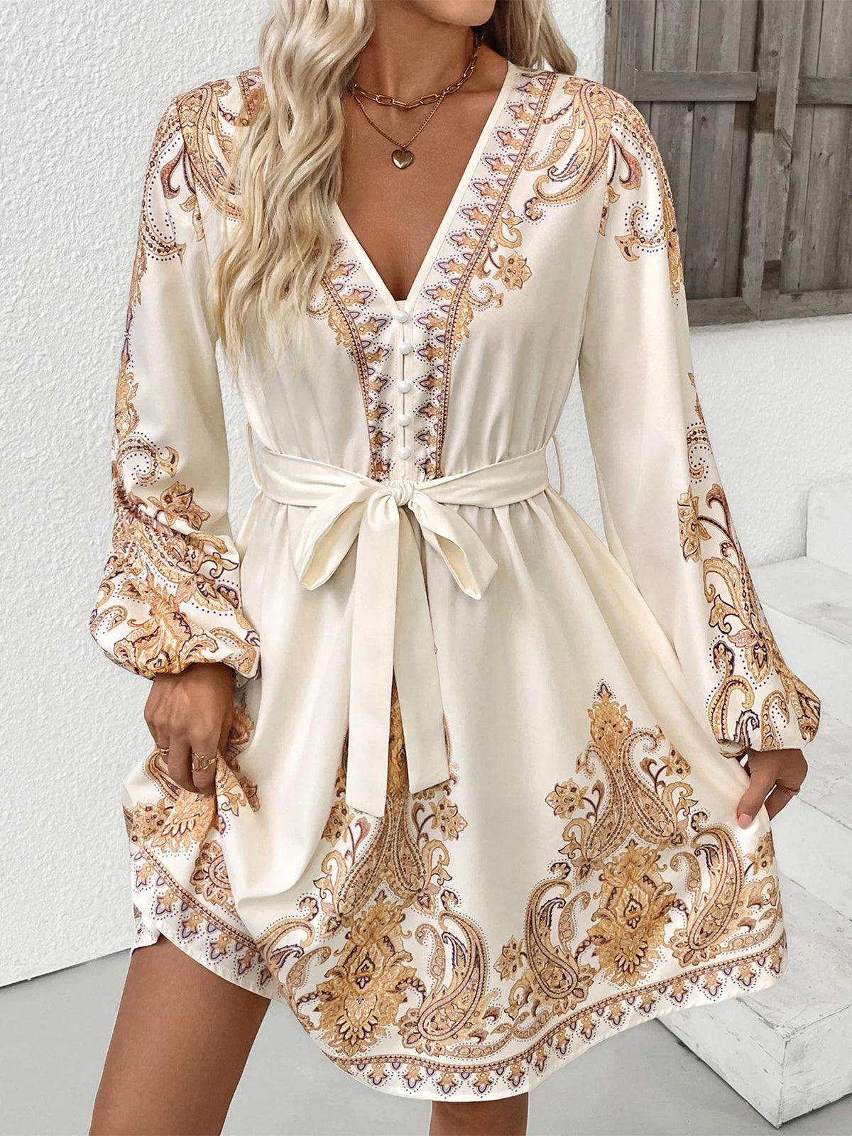 Paisley Print V-Neck Balloon Sleeve Tie Waist Mini Dress