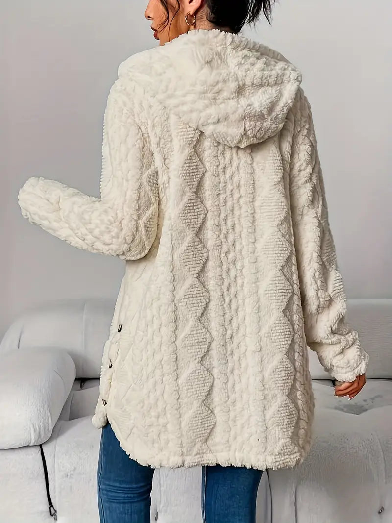 Textured Fleece Hooded Button Front Cardigan Coat