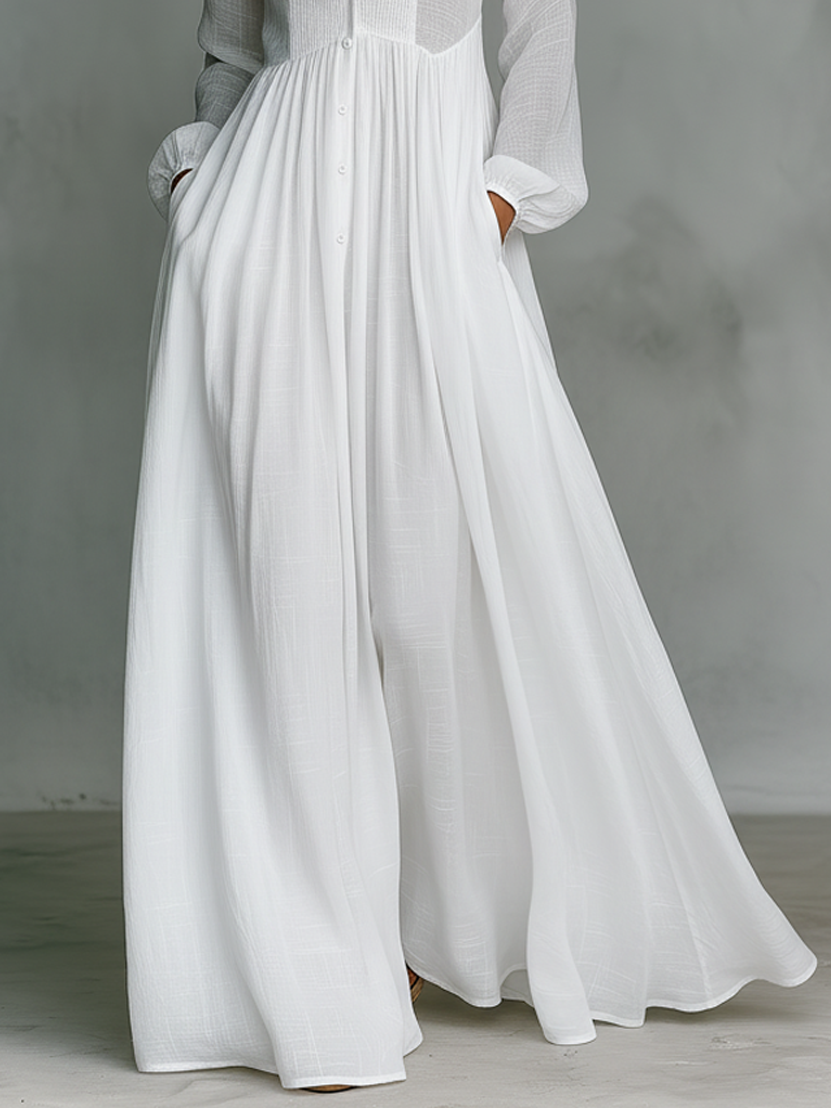Band Collar Button Front Long Sleeve Flowy Maxi Shirt Dress