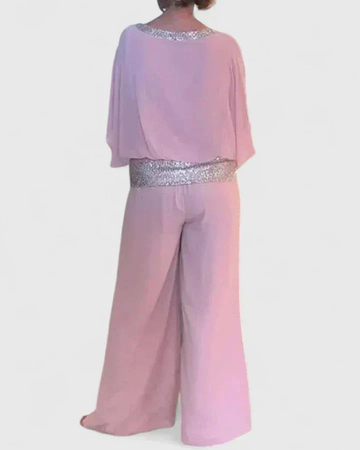 Sequin Trim Chiffon Overlay Top and Pants Two Piece Set 6