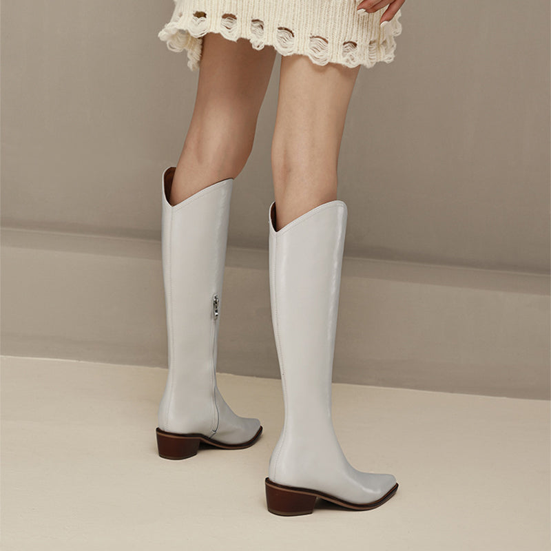 Cowboy Boots Women Handmade Genuine Leather Black/Beige/Brown/Coffee- Knee High Boots Side Zipper