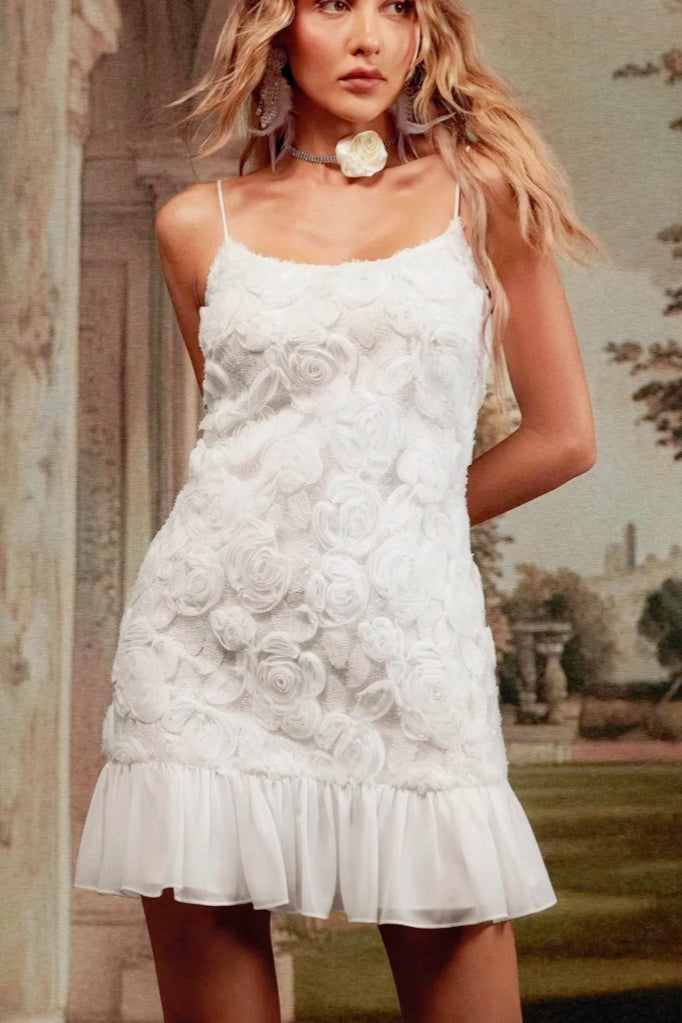 3D Flower Applique Spaghetti Strap Ruffle Hem Mini Dress