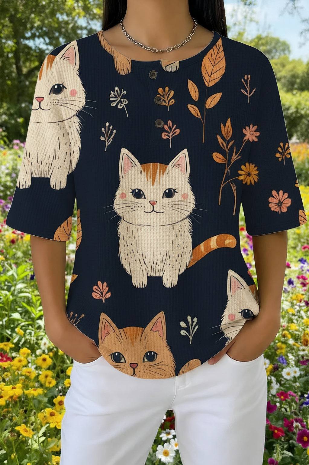 Womens Dark Blue Autumn Leaf Cat Print Casual Shirt