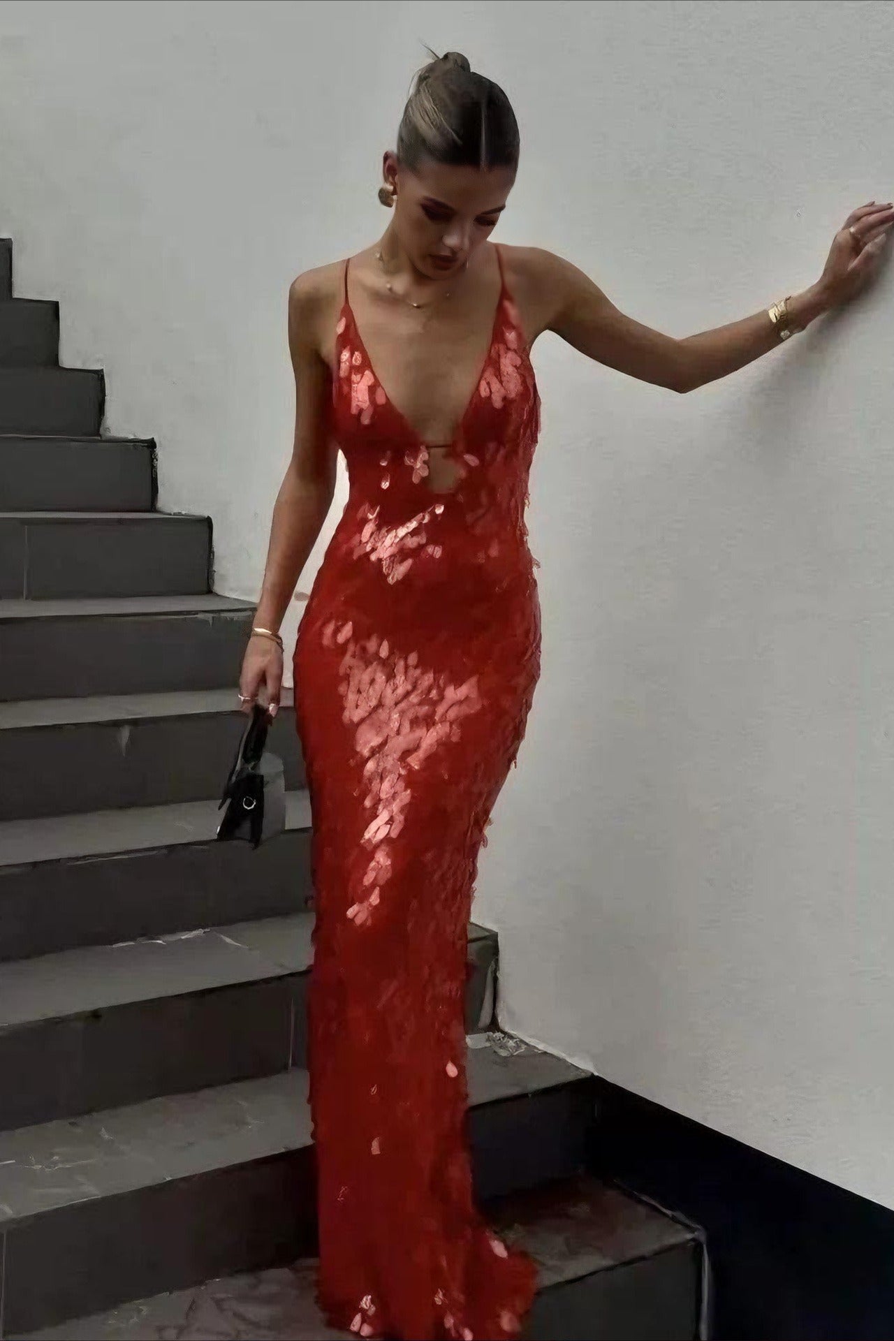 Sequin Spaghetti Strap Deep V-Neck Bodycon Maxi Cocktail Gown