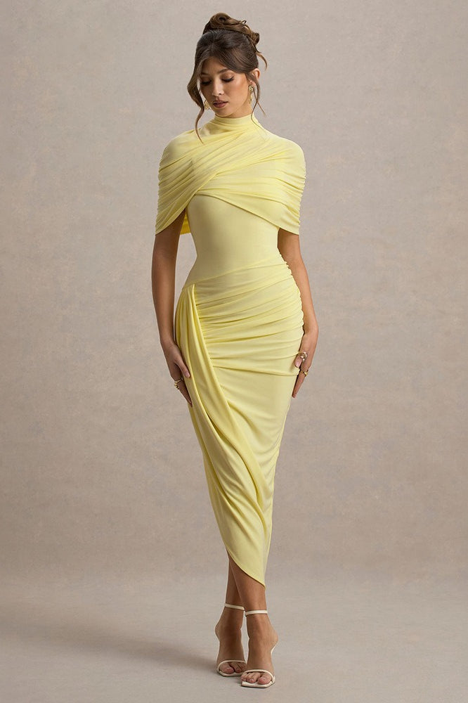 High Neck Ruched Sash Bodycon Midi Dress