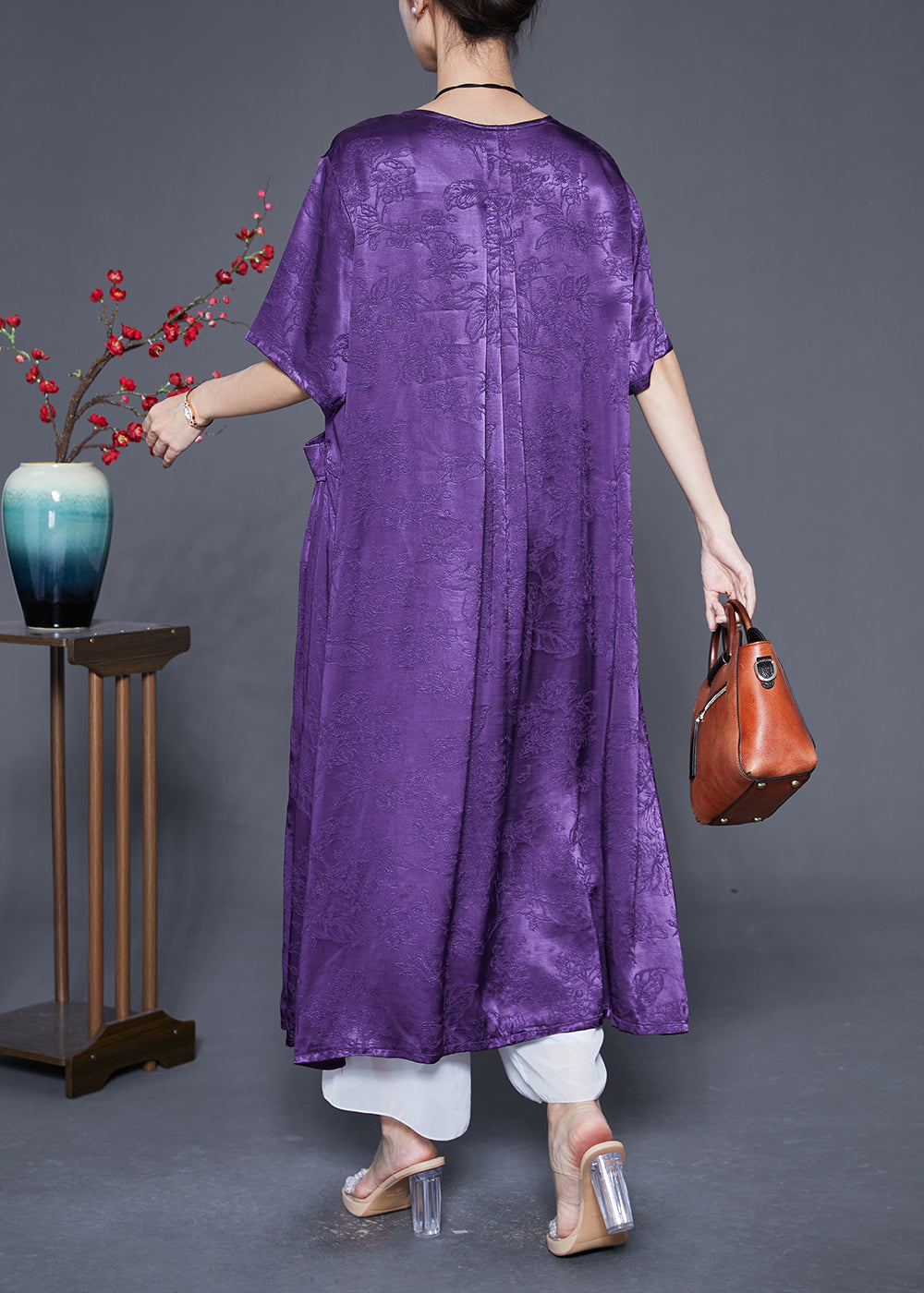 Jacquard Floral Patch Pocket Short Sleeve Round Neck Oversized Maxi Dress