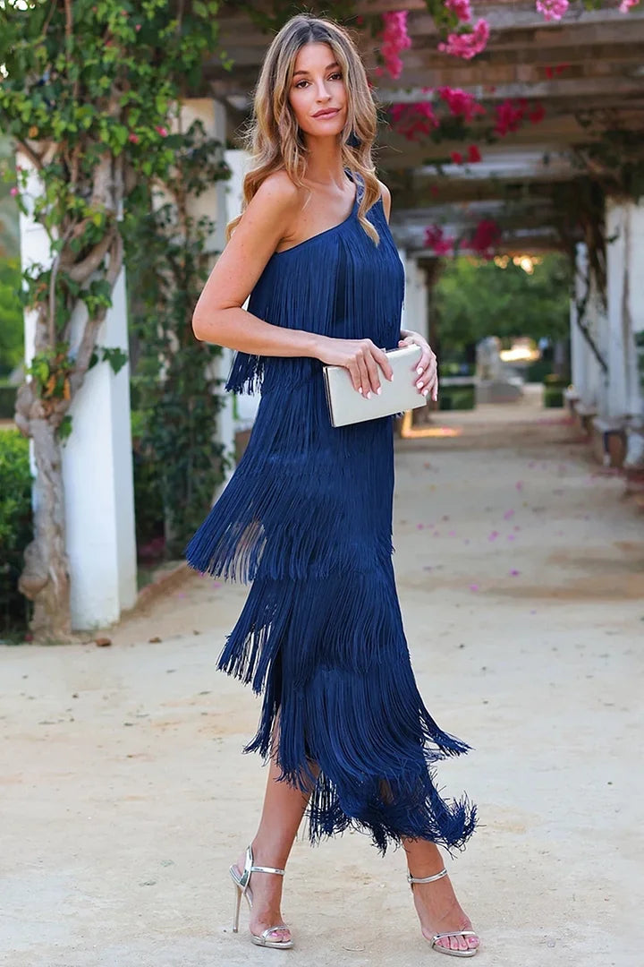 One Shoulder All Over Tiered Fringe Bodycon Midi Dress