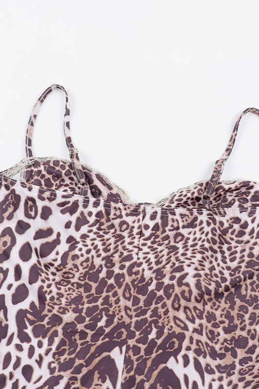 Leopard Spaghetti Strap Lace Trim High Split Slip Maxi Dress