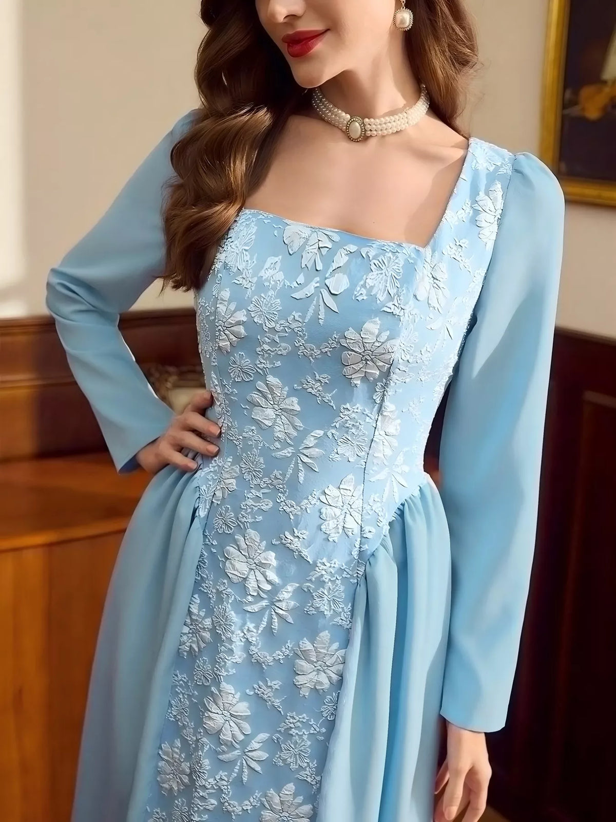 Floral Embroidered Panel Square Neck Long Sleeve A-Line Midi Dress 7