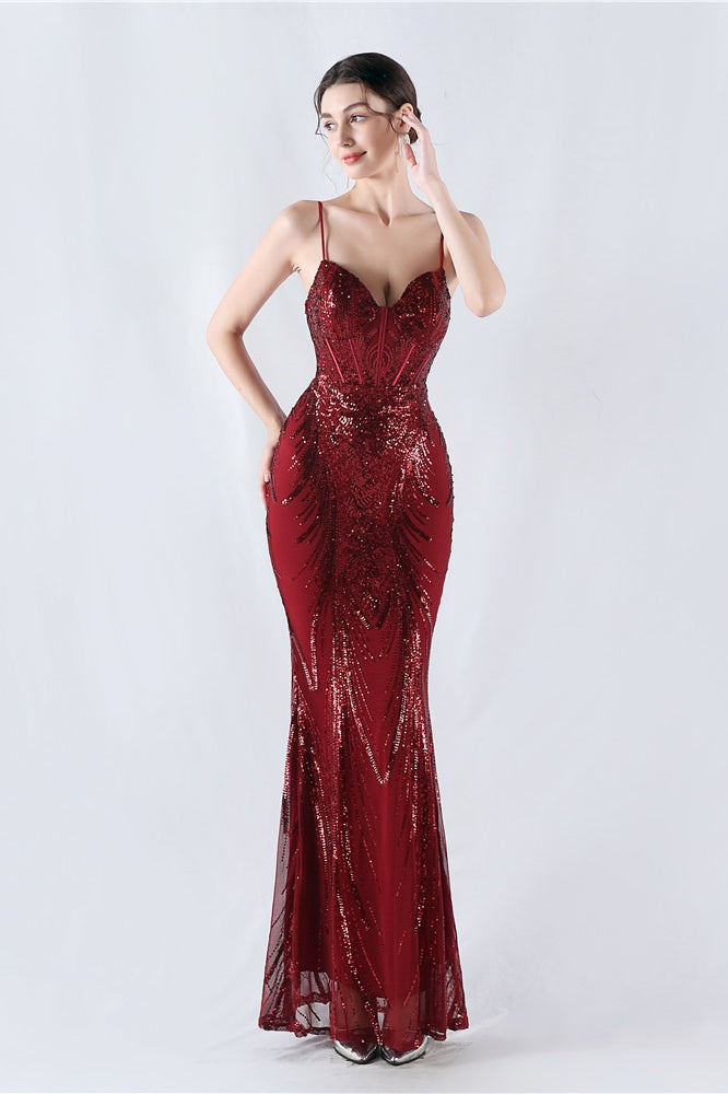 Sequin Spaghetti Strap Sweetheart Mermaid Formal Gown