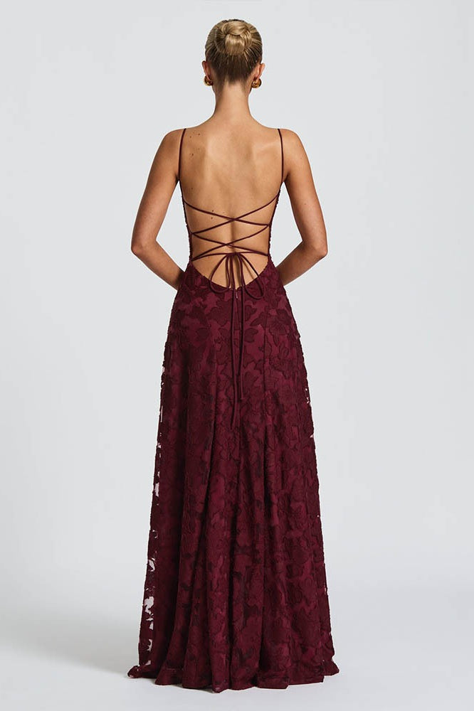 Floral Burnout Lace Spaghetti Strap Straight Neck A-Line Maxi Dress 11