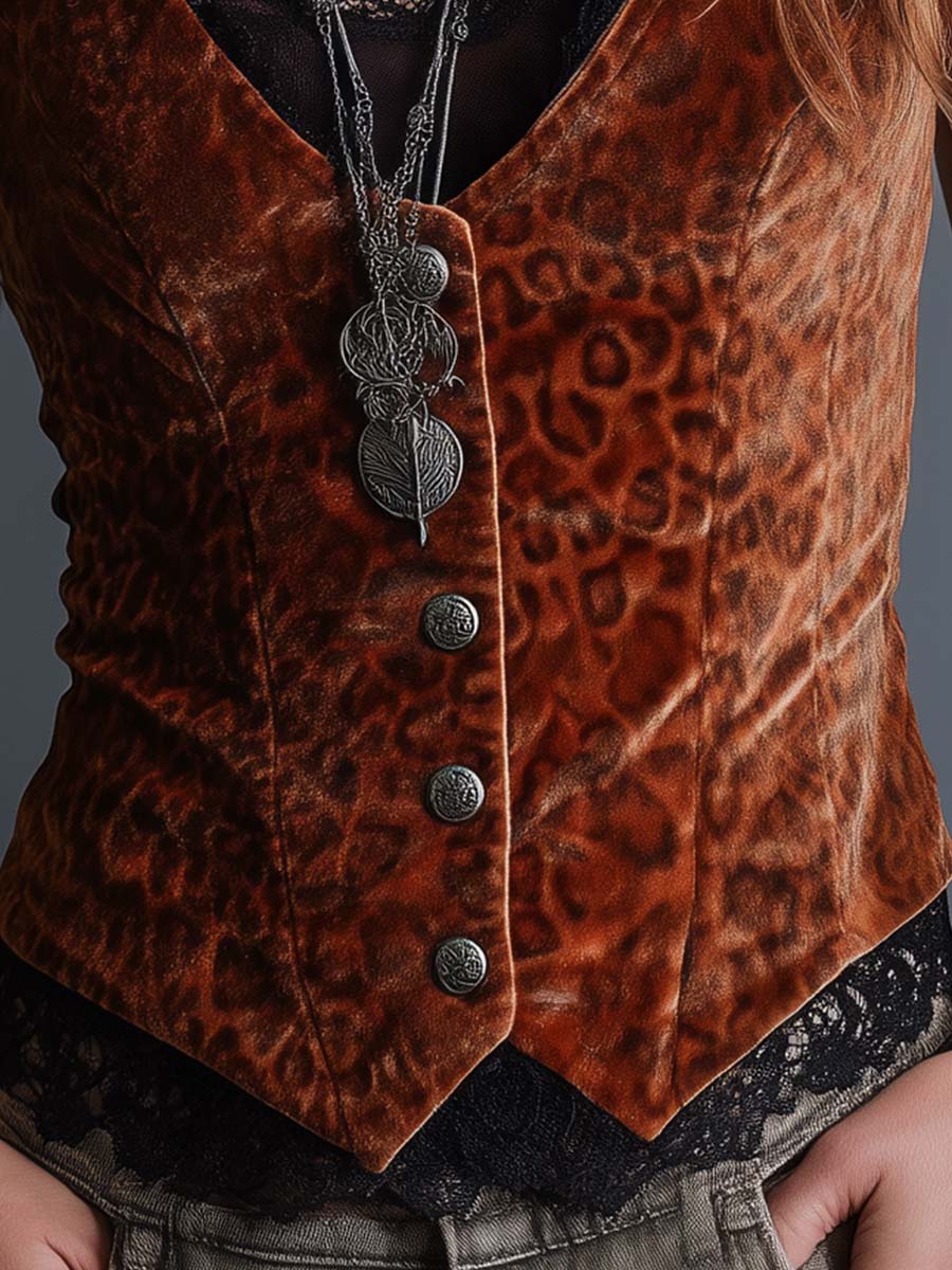 Caramel Velvet Leopard Lace Button Vest
