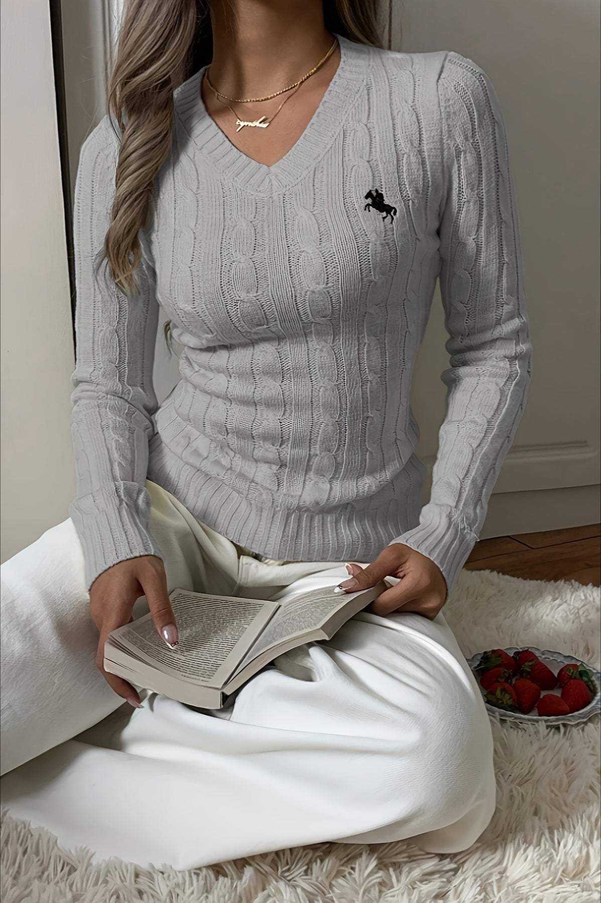 Embroidered Cable Knit V Neck Sweater