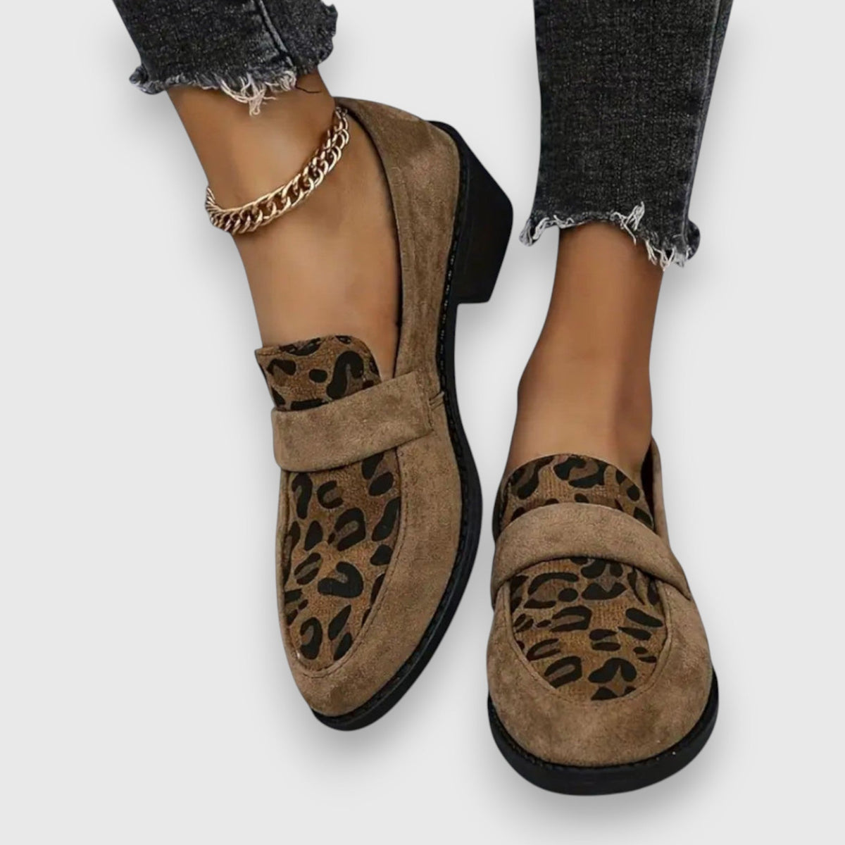 Leopard Print Panel Suede Block Heel Loafers
