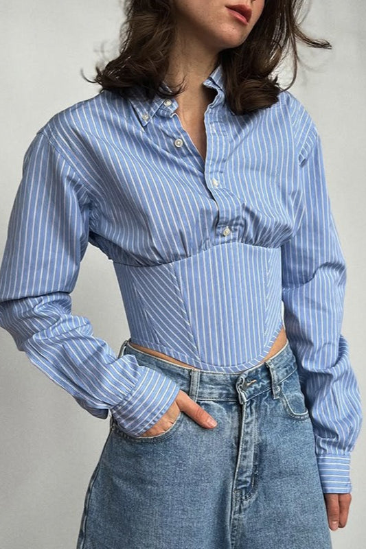 Striped Button Down Collar Long Sleeve Corset Waist Cropped Shirt