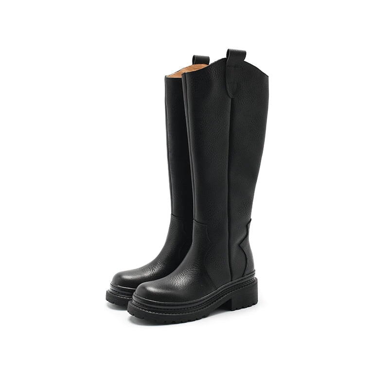 Leather Knee High Boots Cowboy Boots Designer Retro Block Heel Riding Boots in Black/Red/coffee