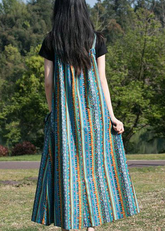 Folk Print Pocket Spaghetti Strap Oversized Maxi Pinafore Dress