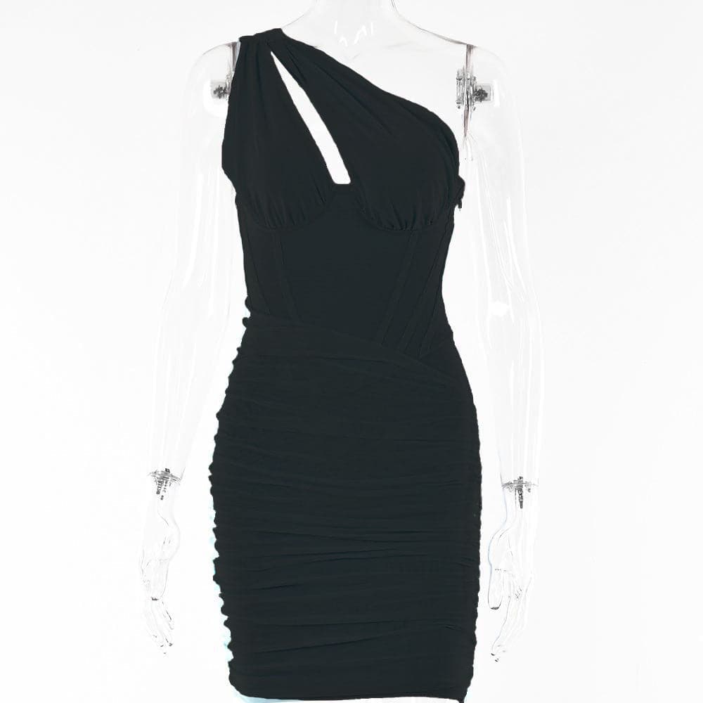 One Shoulder Mesh Ruched Cut Out Bodycon Mini Dress