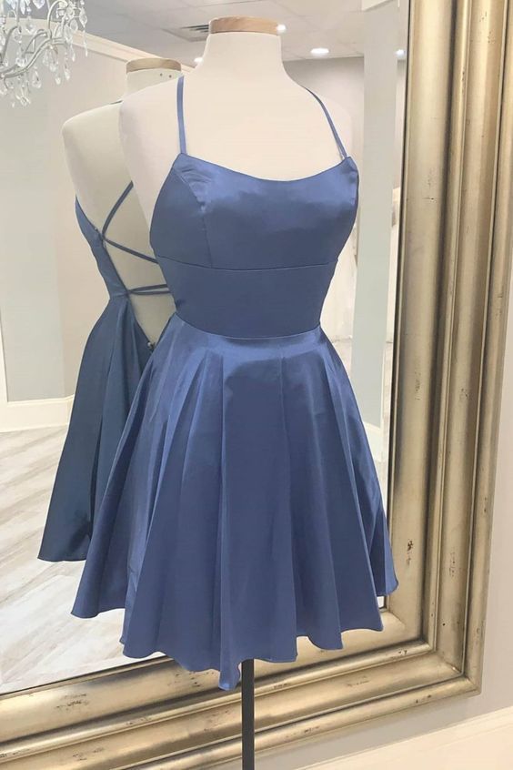 Cute Backless Blue Short Party Dress, Mini Cocktail Dress Homecoming Dresses