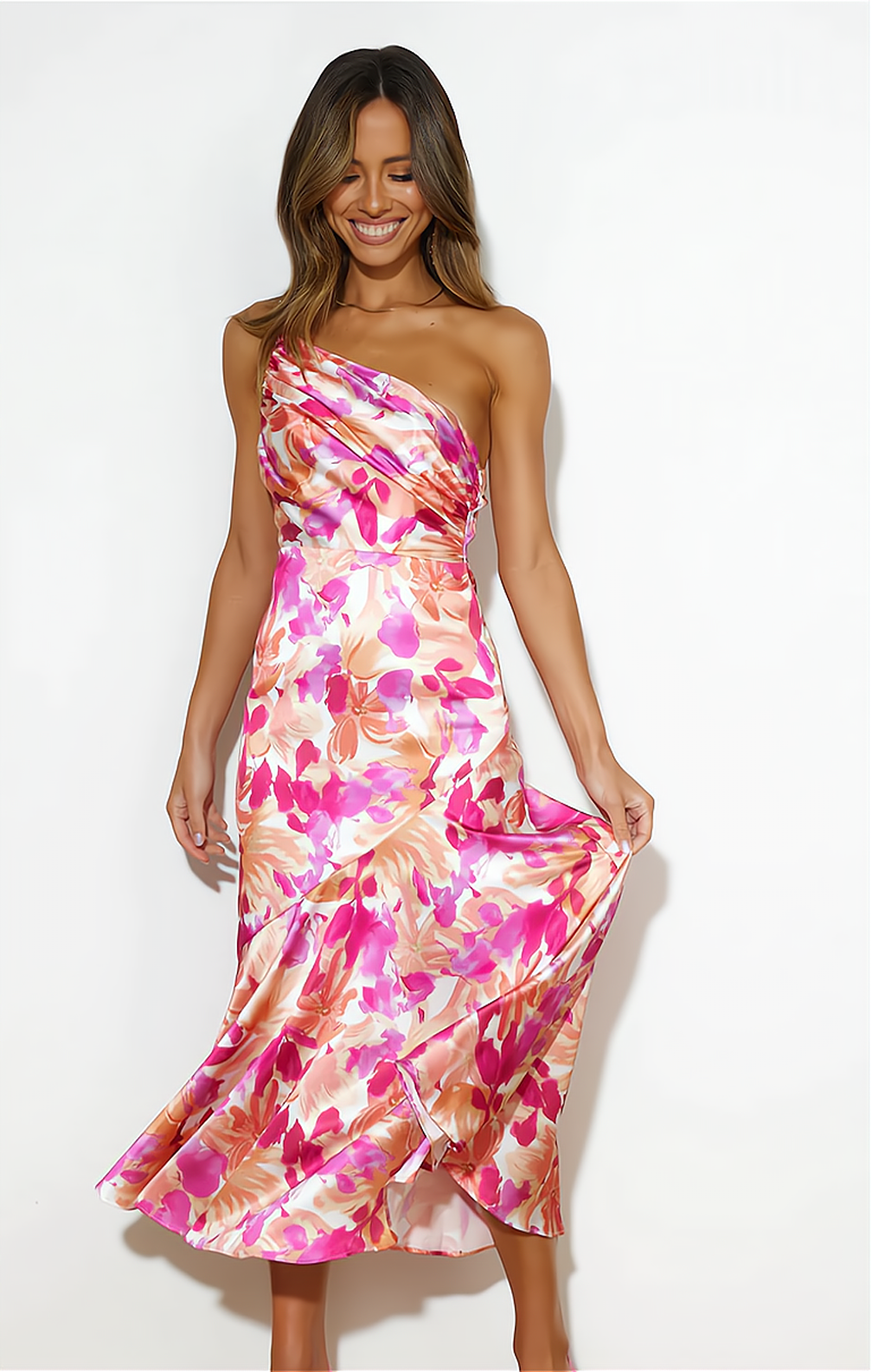One Shoulder Floral Satin Mermaid Midi Dress