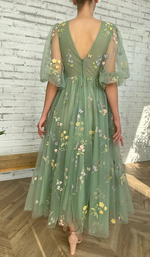 Elegant V Neck Green Tea Length Prom Dresses