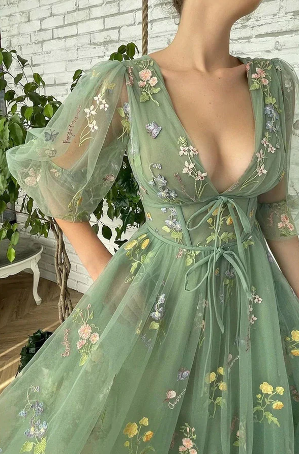 Elegant V Neck Green Tea Length Prom Dresses