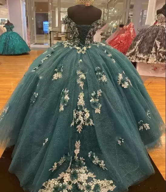 Dark Green Quinceanera Dresses 2022 Off the Shoulder Princess Pageant Ball Gown Flowers Beads Sweet 16 Floor Length Corset Back Birthday Party Wear