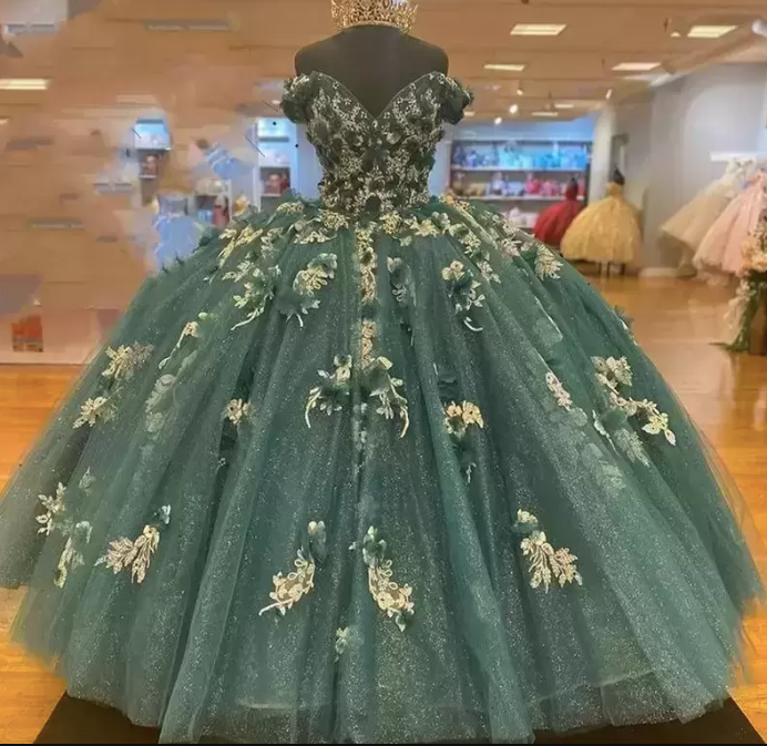 Dark Green Quinceanera Dresses 2022 Off the Shoulder Princess Pageant Ball Gown Flowers Beads Sweet 16 Floor Length Corset Back Birthday Party Wear