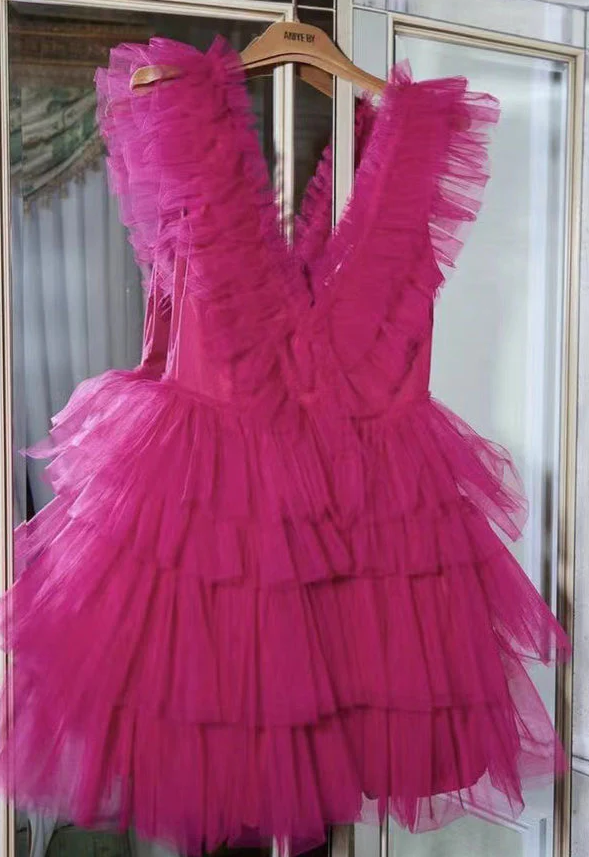 A Line Cute Hot Pink V Neck Short Homecoming Graduation Dresses, Mini Cocktail Dress fg541